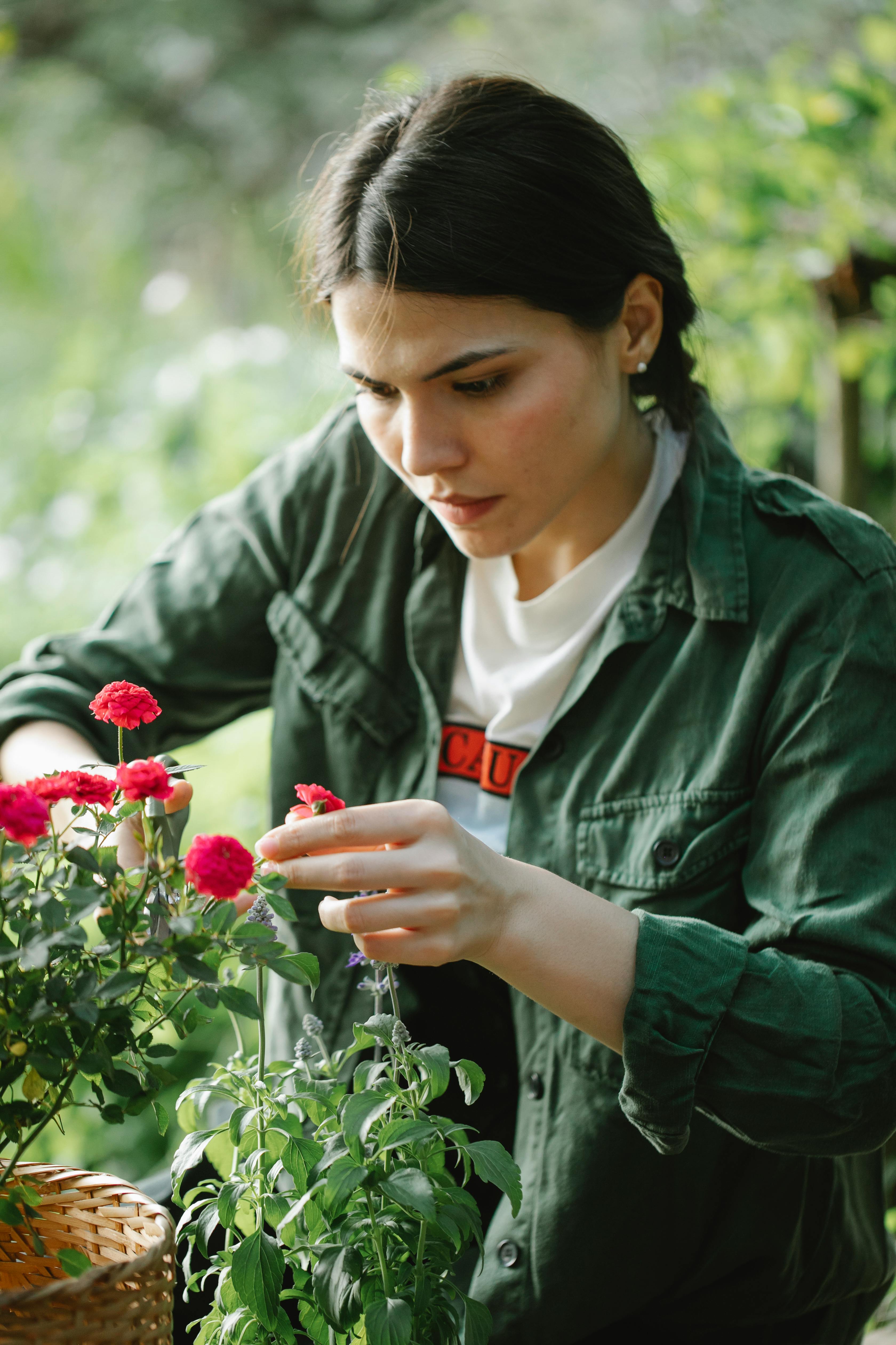 woman deadheading her garden flowers